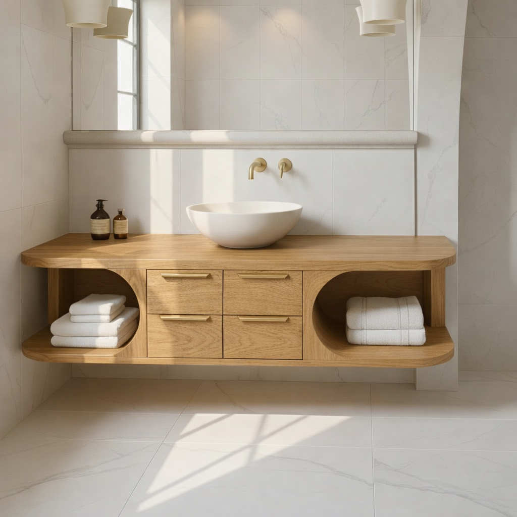 Floating Solid Wood Bathroom Vanity with Drawers and Open Shelves for Contemporary Bathrooms