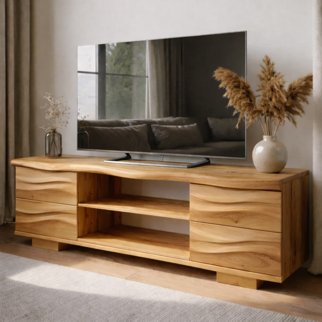 Solid Wood TV Stand with Drawers and Open Shelves for Natural Style Interiors