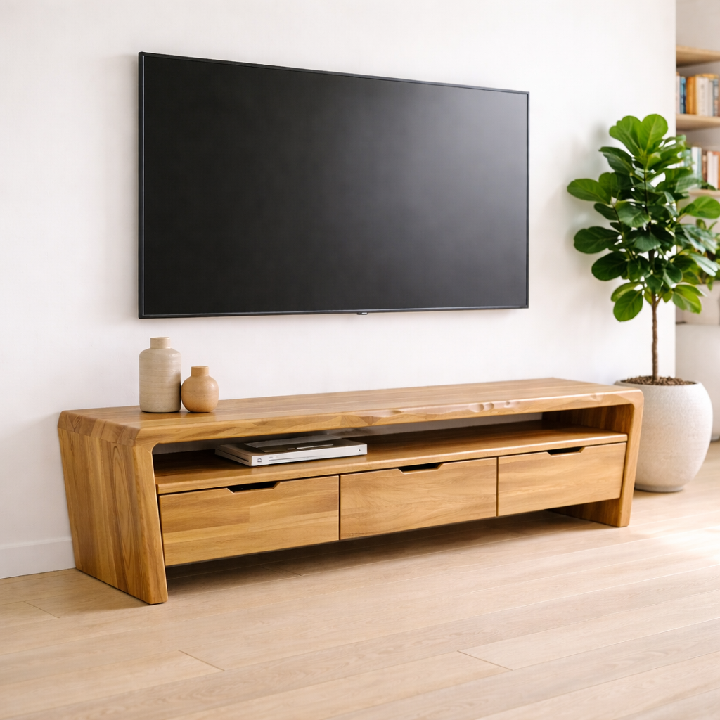 Solid Wood TV Stand with Drawers and Open Shelf for Minimalist Living Spaces