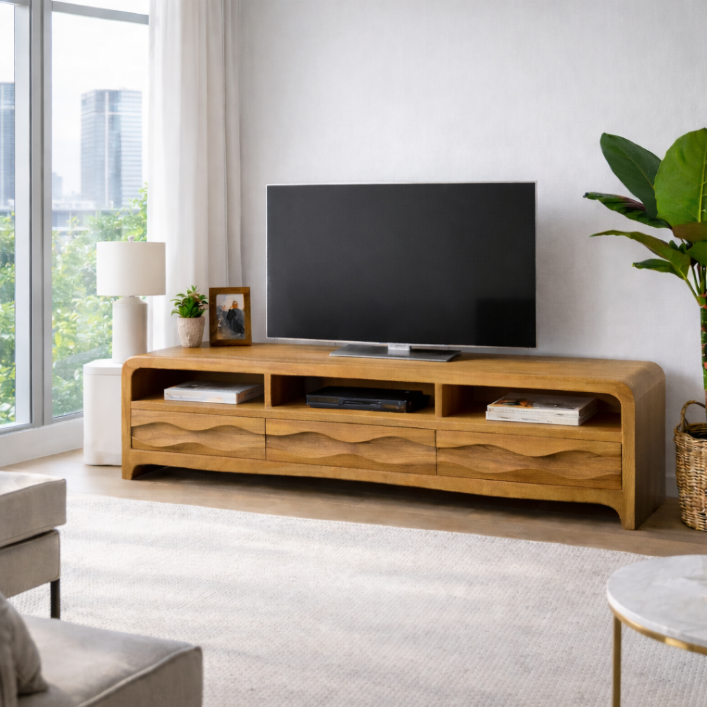 Solid Wood TV Stand with Wave-Front Drawers and Open Shelf for Stylish Living Spaces