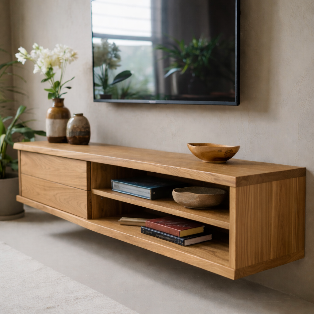 Floating Solid Wood TV Stand with Drawer and Open Shelves for Modern Living Rooms