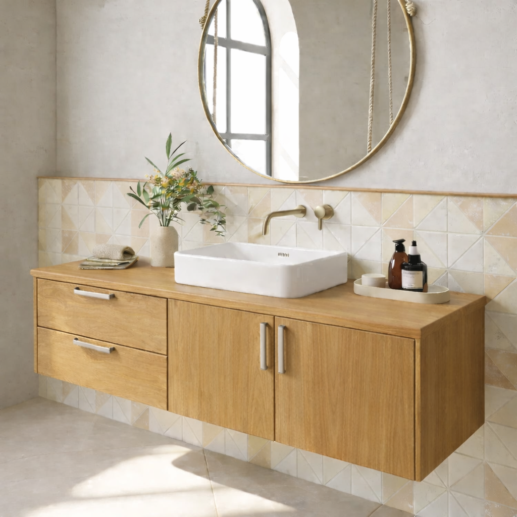 Floating Solid Wood Bathroom Vanity with Drawers and Cabinet Doors for Modern Home Interiors