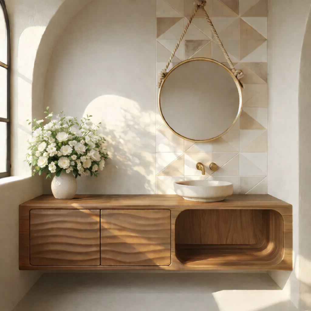 Floating Solid Wood Bathroom Vanity with Textured Cabinet Doors and Open Shelf for Contemporary Homes