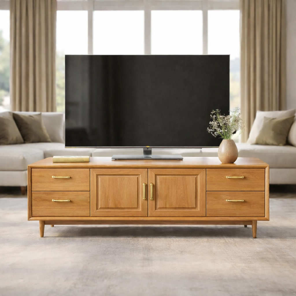 Mid-Century Solid Wood TV Stand with Drawers and Cabinet Storage