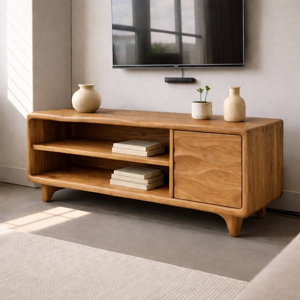 Modern Solid Wood TV Stand with Open Shelves and Wave Grain Cabinet Door