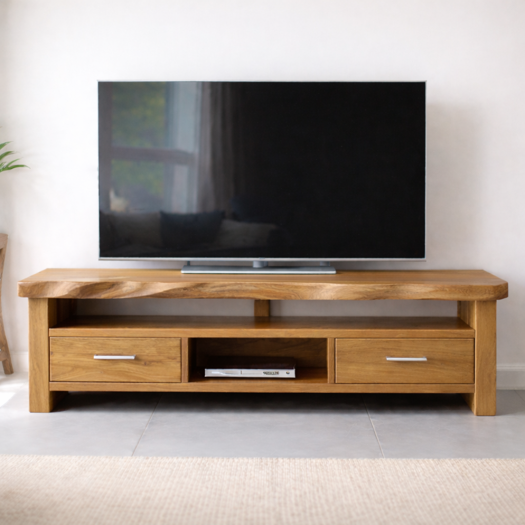 Solid Wood TV Stand with Drawers and Open Media Shelf
