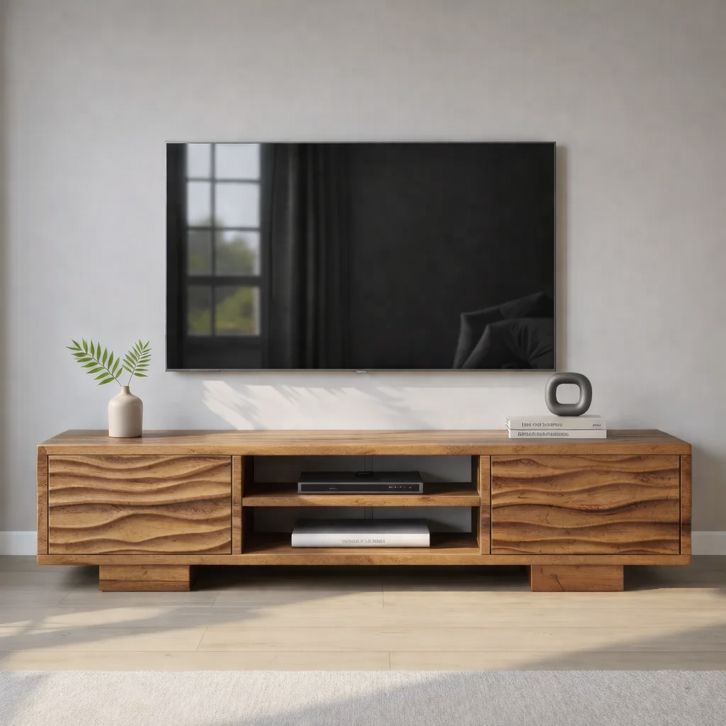 Modern Solid Wood TV Stand with Wave Front Drawers and Open Media Shelf
