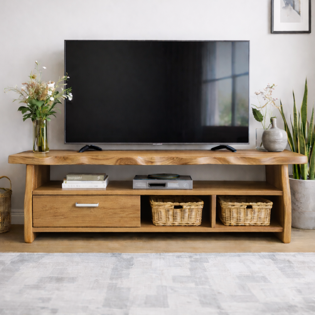 Mid-Century Solid Wood TV Stand with Drawer and Open Storage Shelves