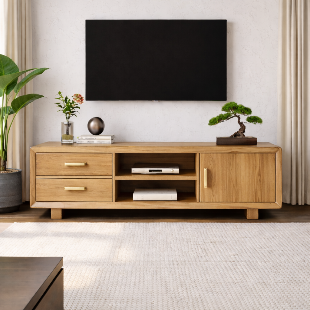 Modern Soild Wood TV Stand with Drawers, Cabinet Door, and Open Media Shelves