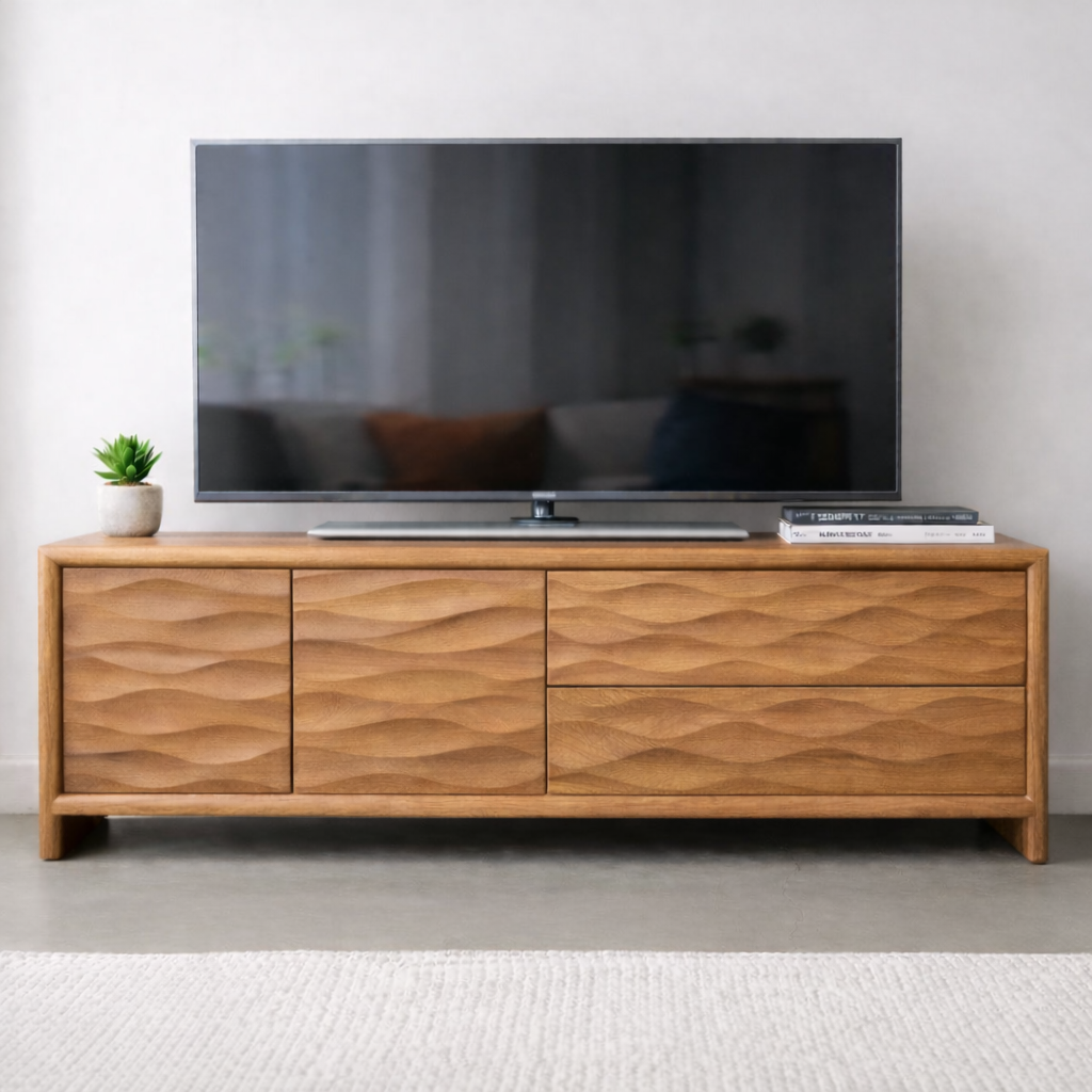 Modern Soild Wood TV Stand with Textured Wave Cabinet Doors and Storage Drawers