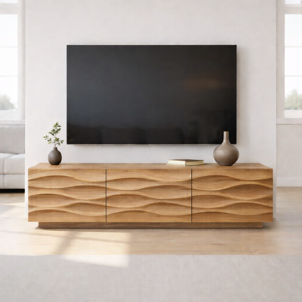 Modern Solid Wood TV Stand with Wave Front Design, Walnut Finish Media Console Cabinet