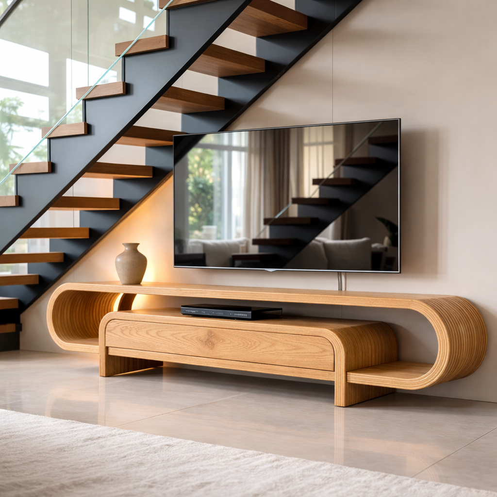 Curved Solid Wood TV Stand with Drawer and Shelf, Modern Walnut Media Console Table