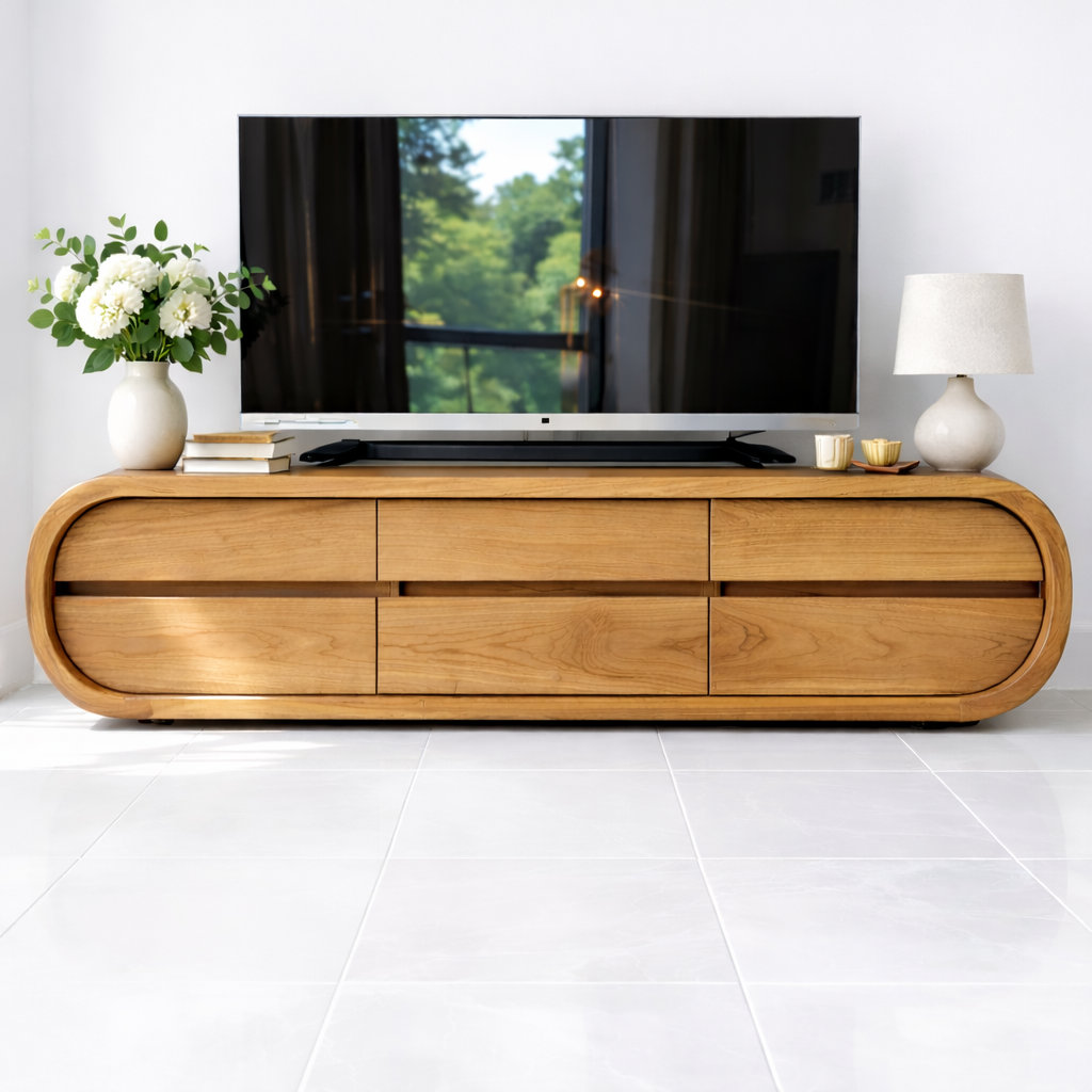 Solid Wood TV Stand with Drawers, Curved Modern Media Console Cabinet for Living Room