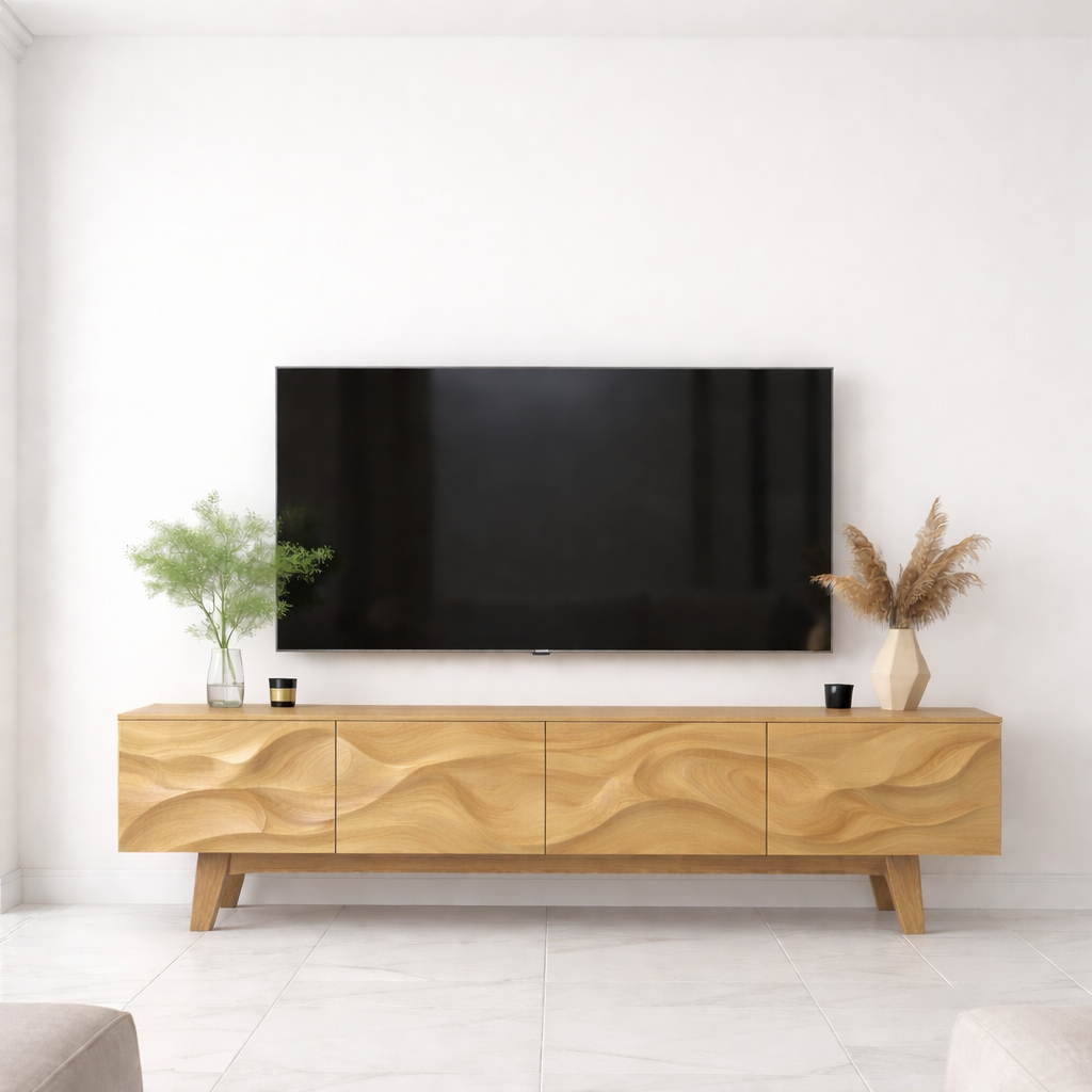 Wave Pattern Solid Wood TV Stand with Storage, Modern Media Console for Living Room