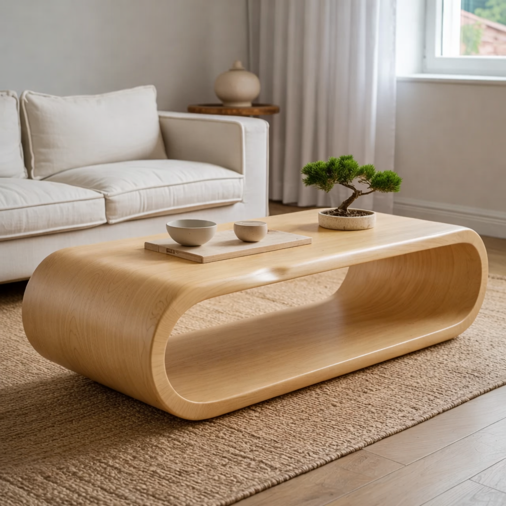 Sculptural Walnut Coffee Table with Curved Design and Open Shelf, Modern Living Room Decor