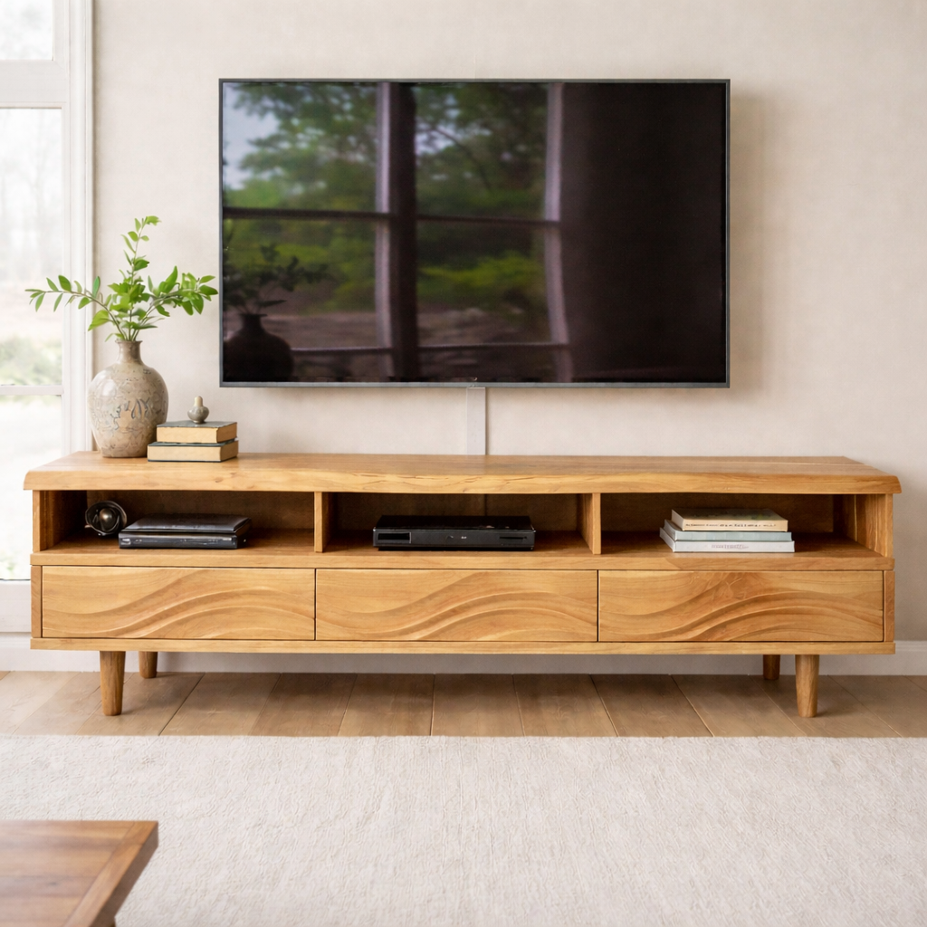 Modern Solid Wood TV Stand with Wave Drawer Fronts and Open Media Shelves