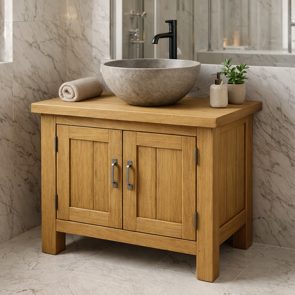 Solid Wood Bathroom Vanity with Double Cabinet Doors for Modern Rustic Spaces