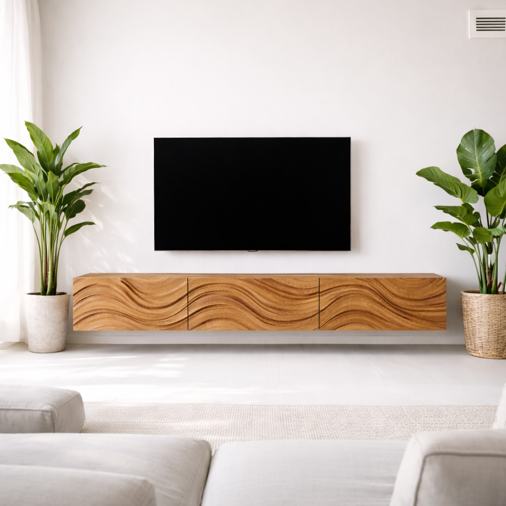 Floating Solid Wood TV Stand with Carved Wave Front – Modern Walnut Media Console