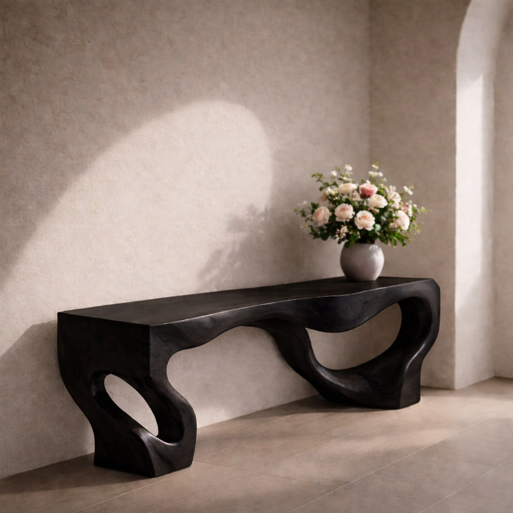 Solid Wood Entryway Bench with Sculptural Organic Base