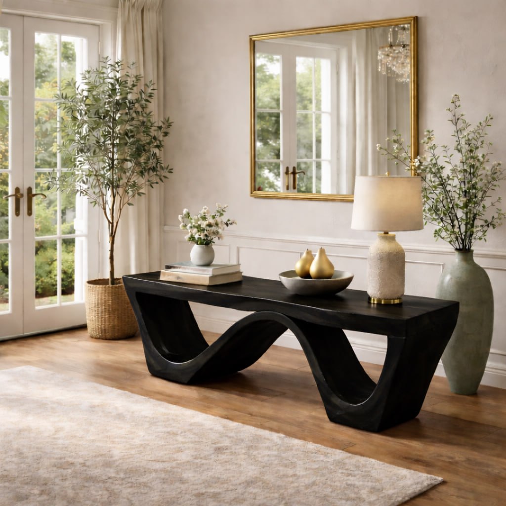 Solid Wood Entryway Bench with Sculptural Wave Base and Organic Curved Design