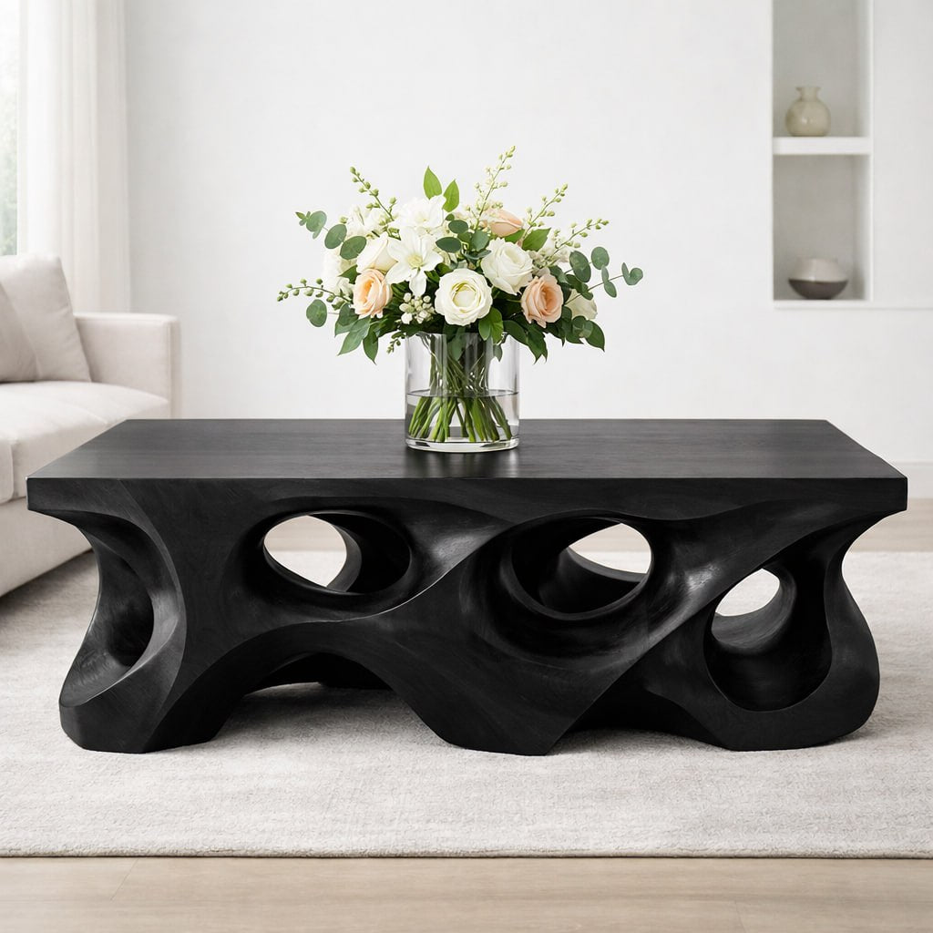 Solid Wood Coffee Table with Sculptural Hollow Base and Organic Carved Design