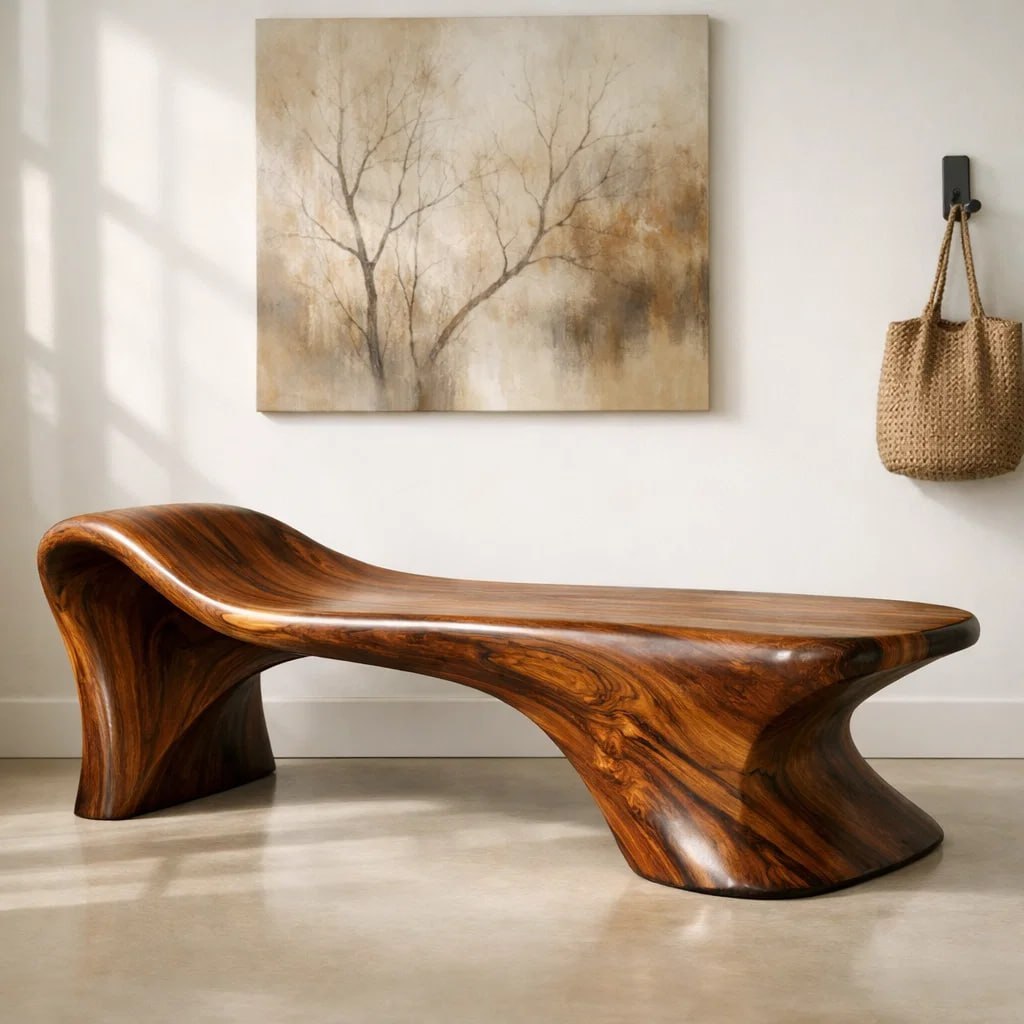 Sculptural Wooden Bench, Modern Curved Entryway Seat, Artistic Statement Accent Furniture Piece