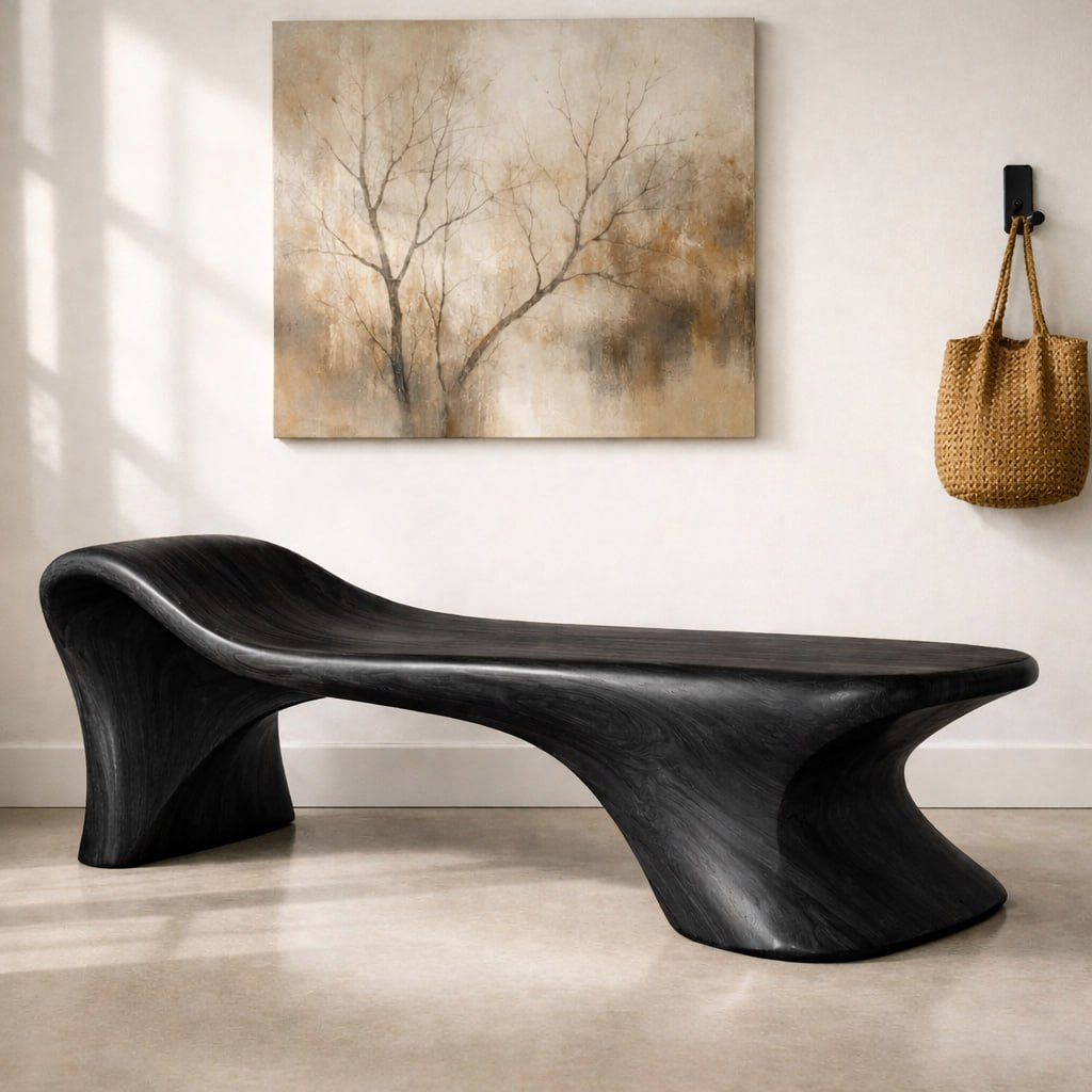 Sculptural Wooden Bench, Modern Curved Entryway Seat, Artistic Statement Accent Furniture Piece