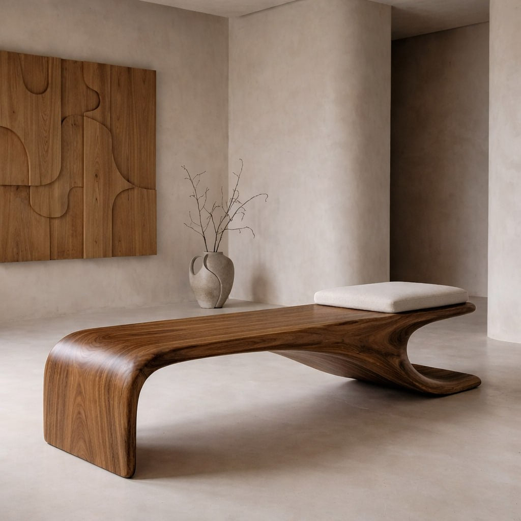 Sculptural Wooden Bench, Modern Curved Accent Seat, Entryway Statement Furniture for Living Room