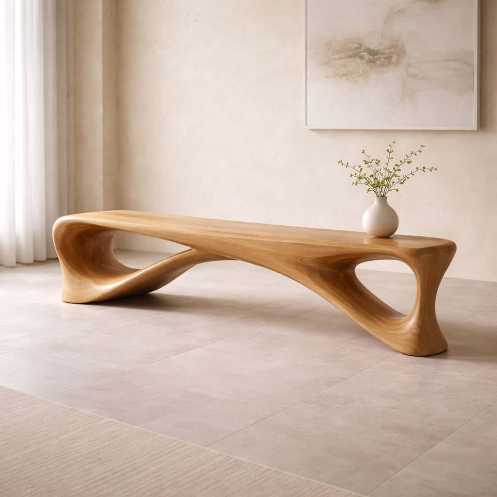 Sculptural Wooden Bench, Modern Curved Entryway Seat, Artistic Statement Bench for Living Room