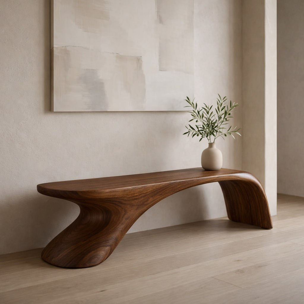 Sculptural Wooden Bench, Modern Curved Accent Seat, Minimalist Entryway Statement Furniture Piece
