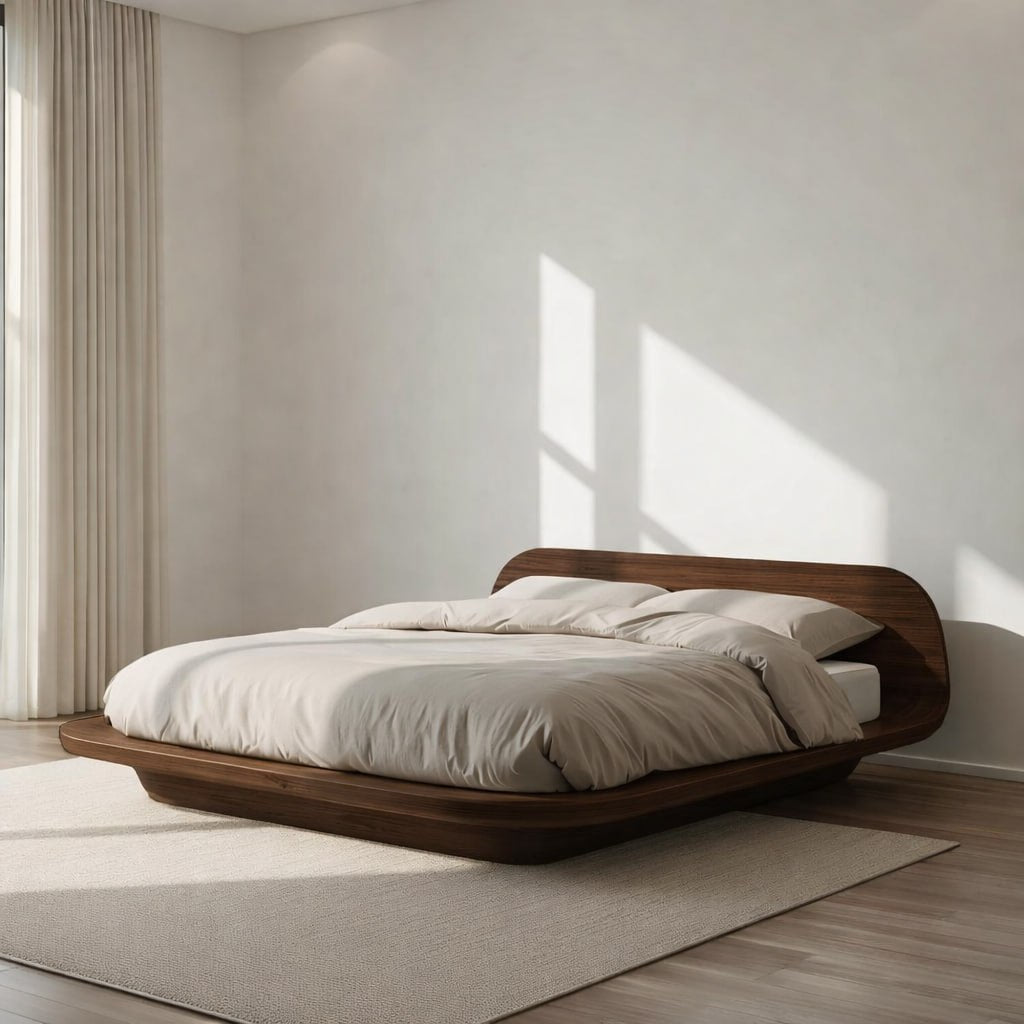 Modern Low Platform Bed Frame, Curved Minimalist Bed, Statement Bedroom Furniture for Home