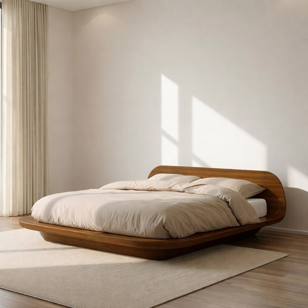 Modern Low Platform Bed Frame, Curved Minimalist Bed, Statement Bedroom Furniture for Home
