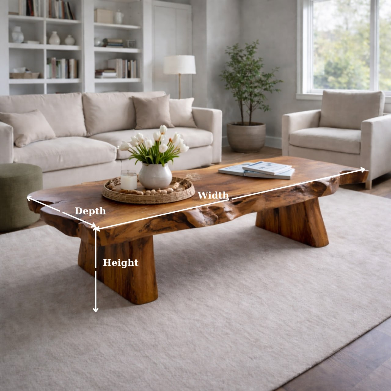Solid Wood Live Edge Coffee Table with Rustic Slab Top and Thick Block Legs