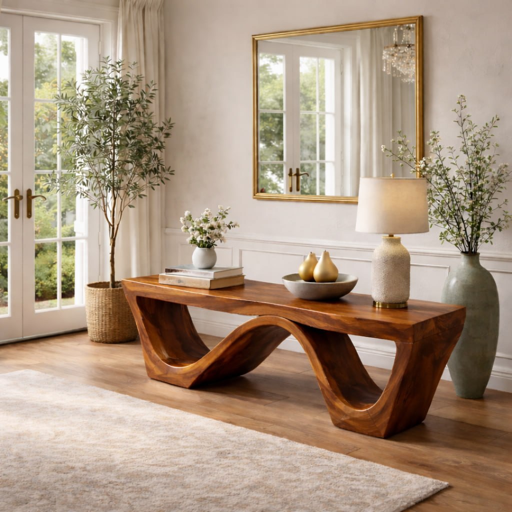 Solid Wood Entryway Bench with Sculptural Wave Base and Organic Curved Design