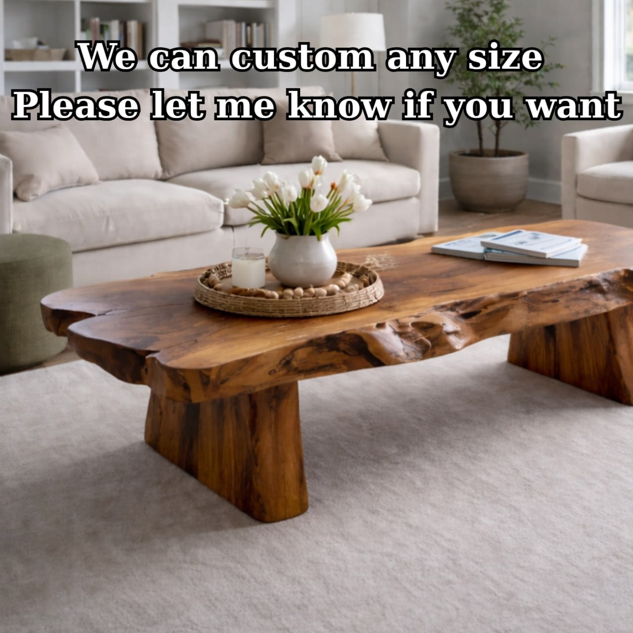 Solid Wood Live Edge Coffee Table with Rustic Slab Top and Thick Block Legs