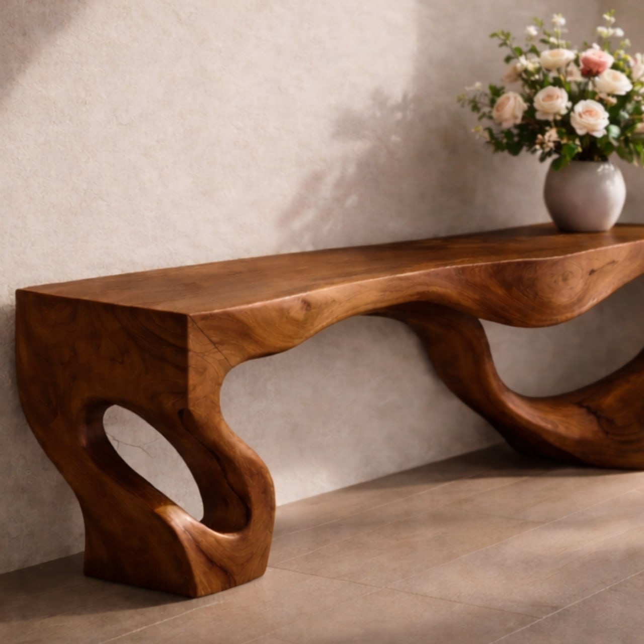 Solid Wood Entryway Bench with Sculptural Organic Base