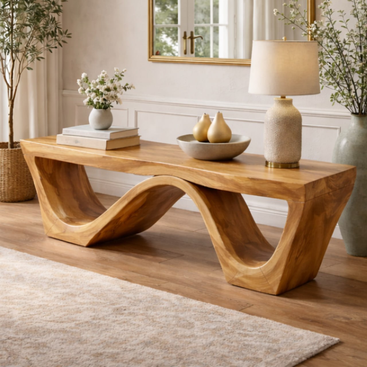 Solid Wood Entryway Bench with Sculptural Wave Base and Organic Curved Design