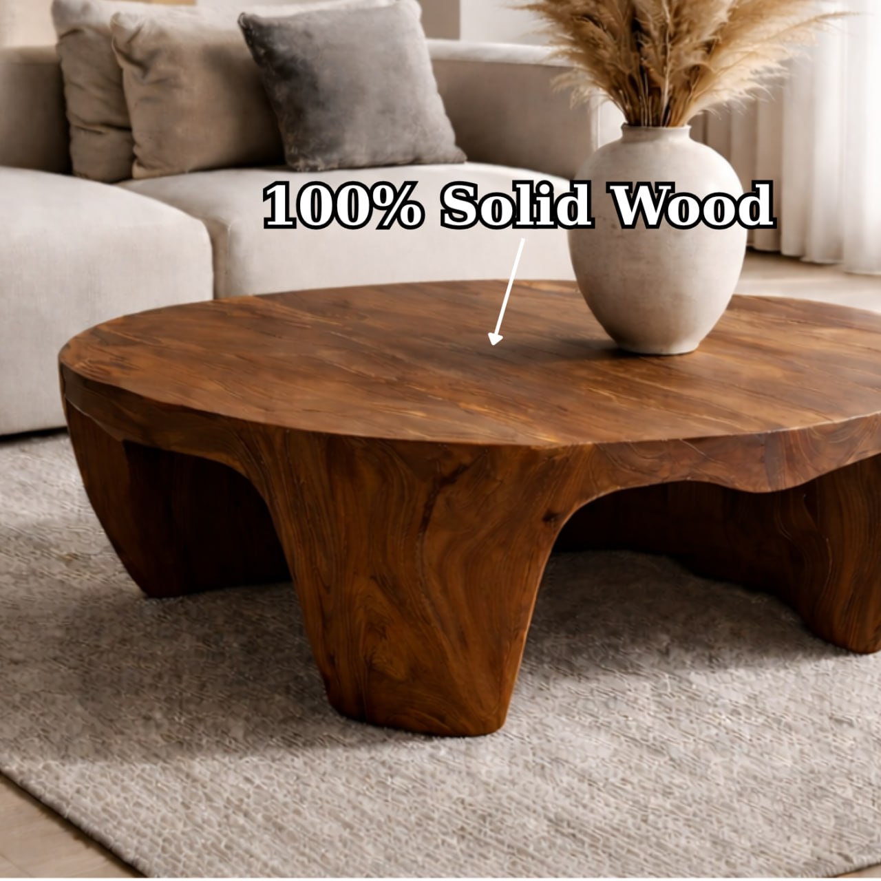 Solid Wood Round Coffee Table with Sculptural Base and Organic Carved Design