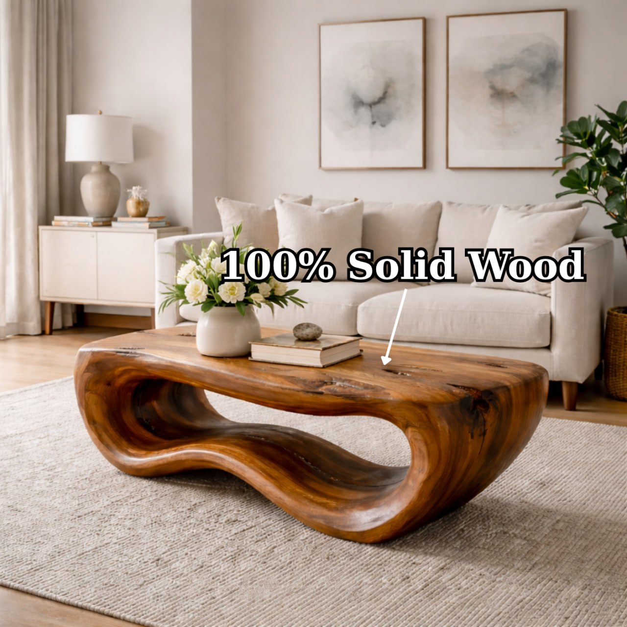 Solid Wood Coffee Table with Sculptural Wave Base and Organic Hand-Carved Design