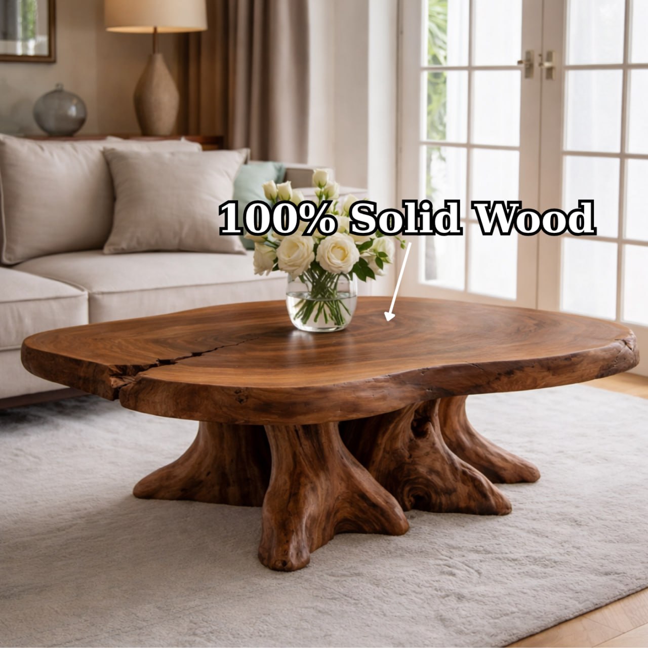 Solid Wood Live Edge Coffee Table with Tree Root Base and Natural Rustic Design