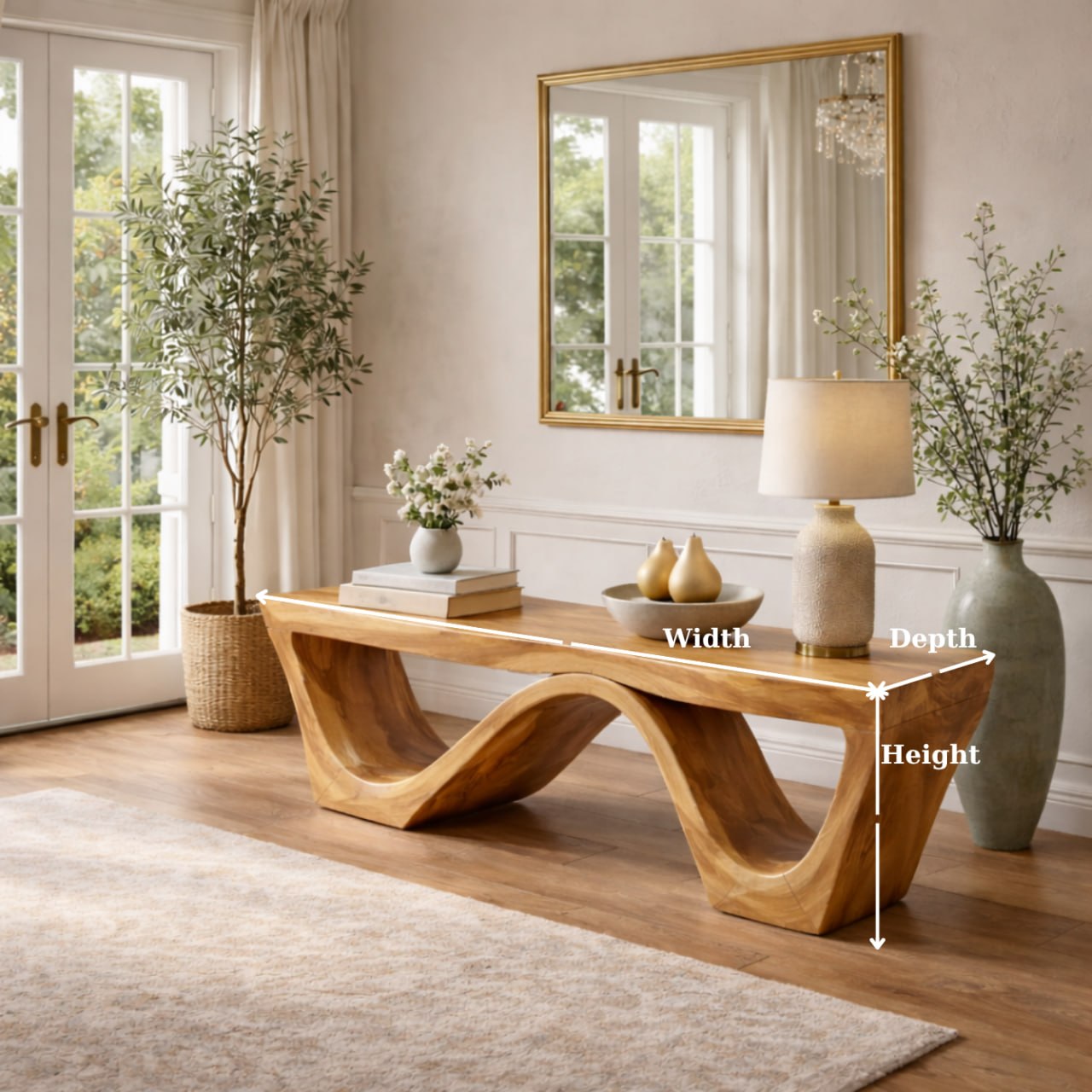 Solid Wood Entryway Bench with Sculptural Wave Base and Organic Curved Design