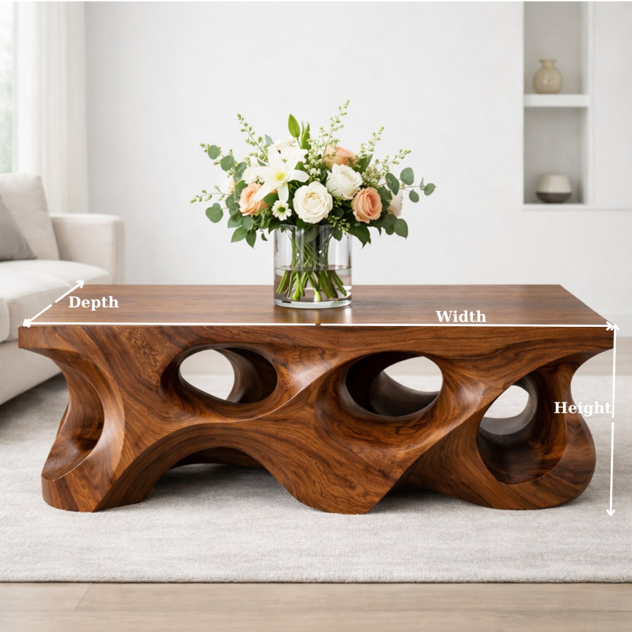 Solid Wood Coffee Table with Sculptural Hollow Base and Organic Carved Design