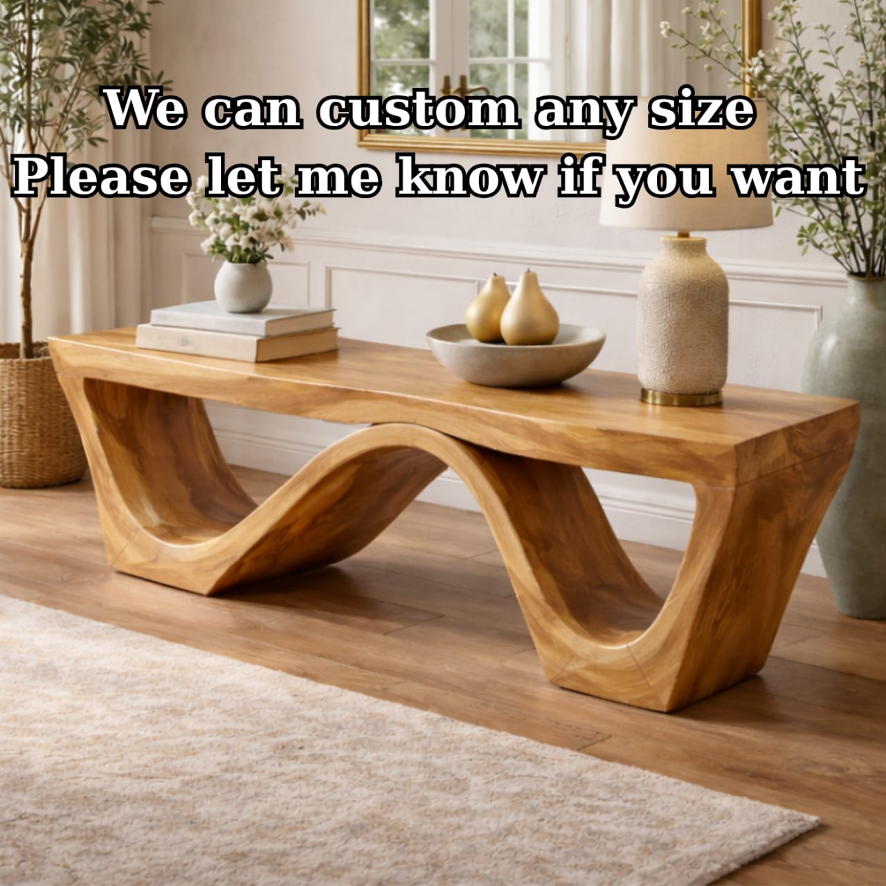 Solid Wood Entryway Bench with Sculptural Wave Base and Organic Curved Design