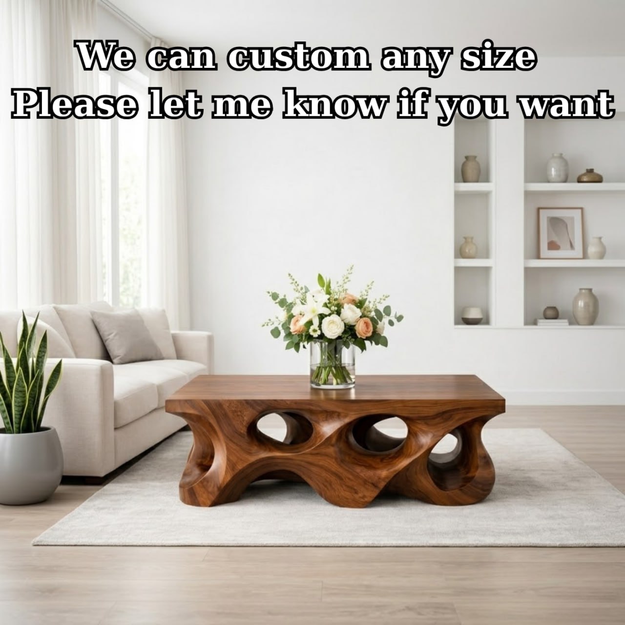 Solid Wood Coffee Table with Sculptural Hollow Base and Organic Carved Design
