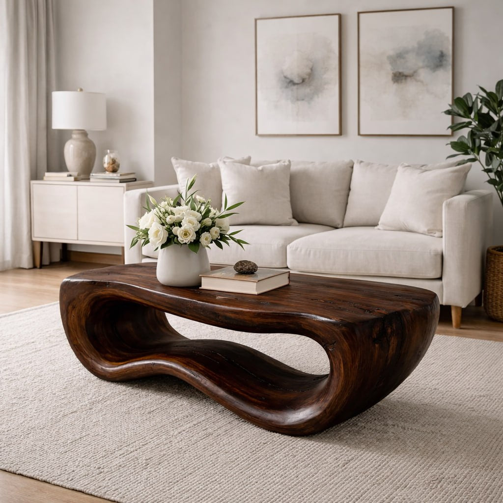 Solid Wood Coffee Table with Sculptural Wave Base and Organic Hand-Carved Design