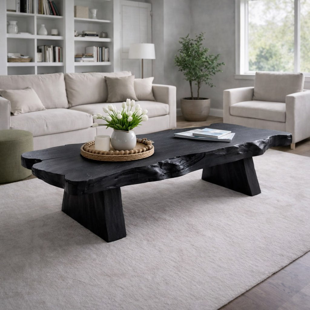 Solid Wood Live Edge Coffee Table with Rustic Slab Top and Thick Block Legs