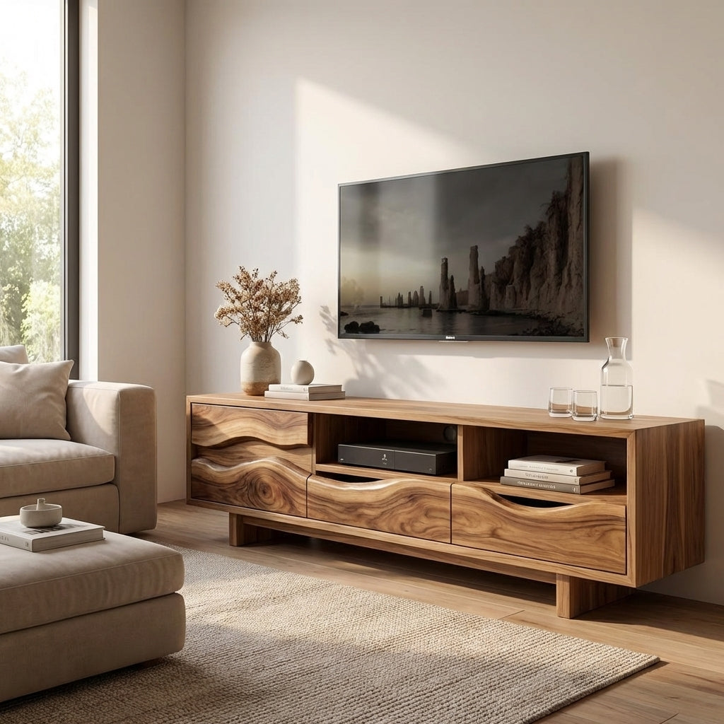 Solid Wood TV Stand with Wave Carved Drawers – Modern Rustic Media Console