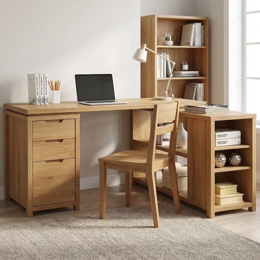 Solid Wood L-Shaped Desk with Storage – Corner Home Office Desk with Shelves and Drawers