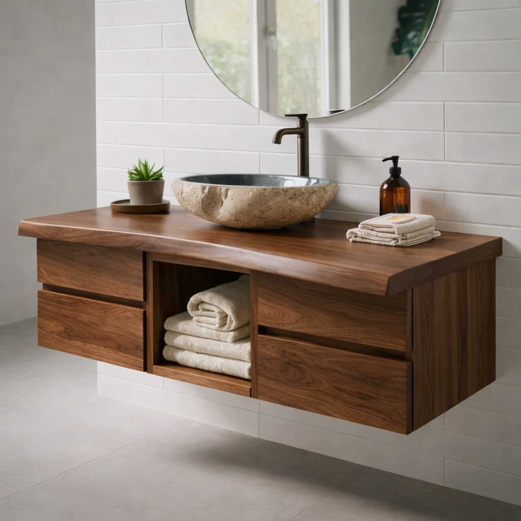 Floating Solid Wood Bathroom Vanity with Drawers and Open Shelf – Modern Minimalist Wall Mounted Cabinet