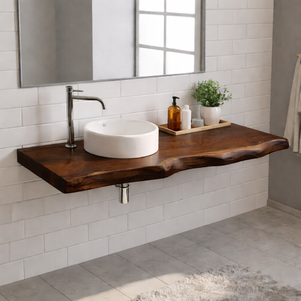 Floating Live Edge Solid Wood Bathroom Vanity Top – Rustic Wall Mounted Wood Countertop